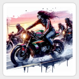Artistic impression of a girl riding a motorcycle Sticker
